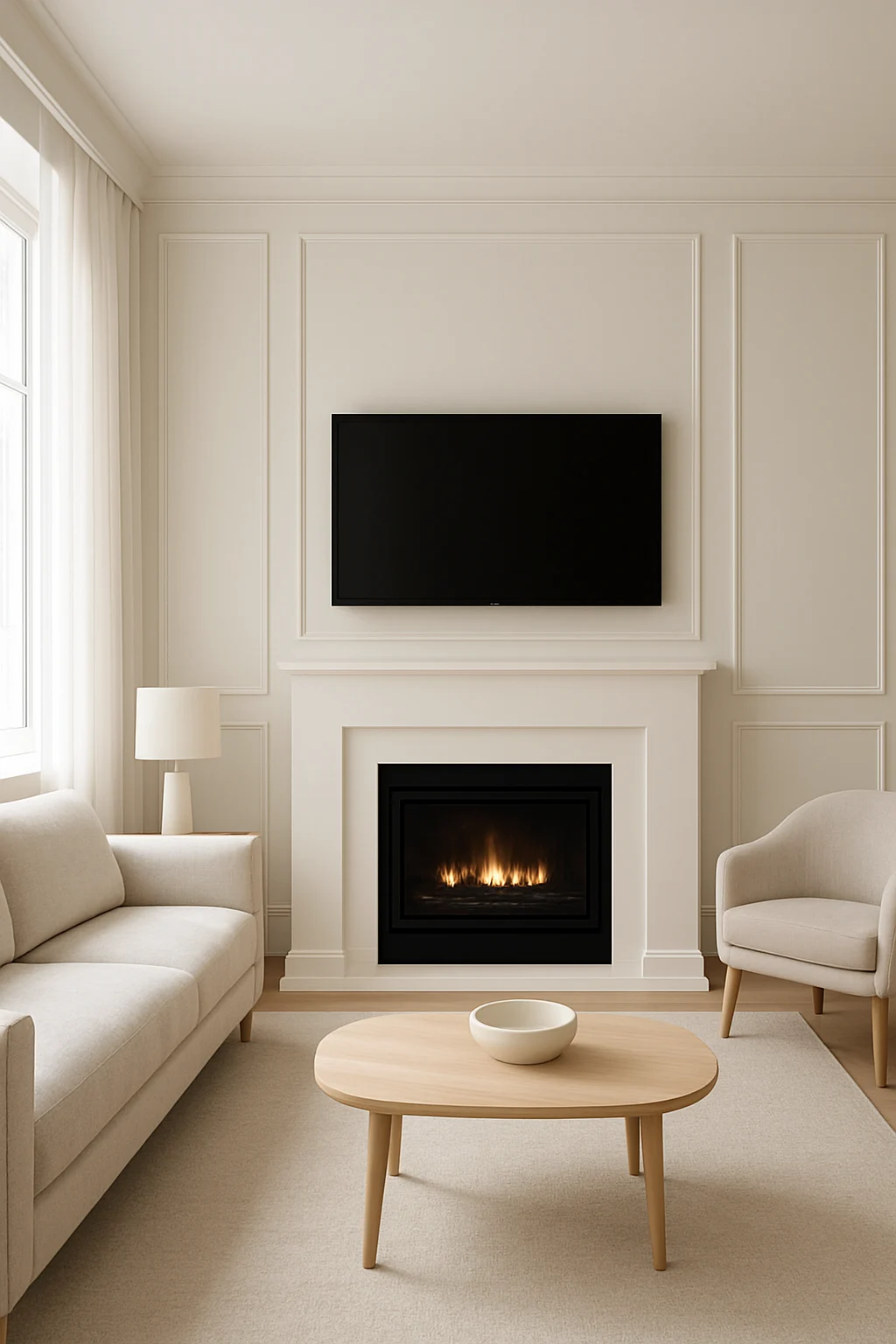 White electric fireplace wall with mounted TV and modern minimalist styling