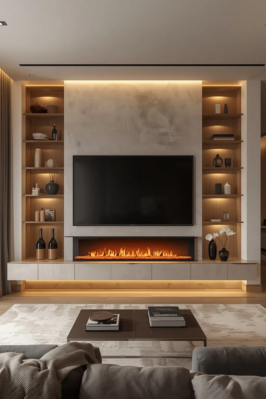 White electric fireplace wall with mounted TV and modern minimalist styling