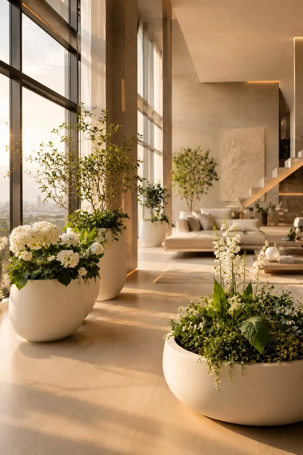 Minimal white planter with fresh greenery in modern home interior