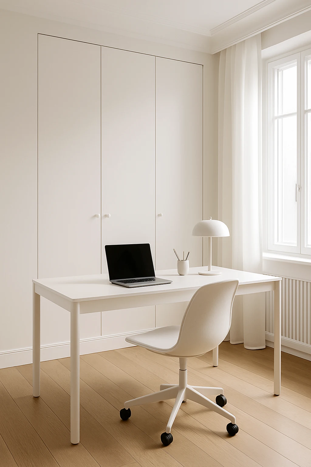 Minimalist white study room with sleek desk, clean lines, organized storage, and bright interior