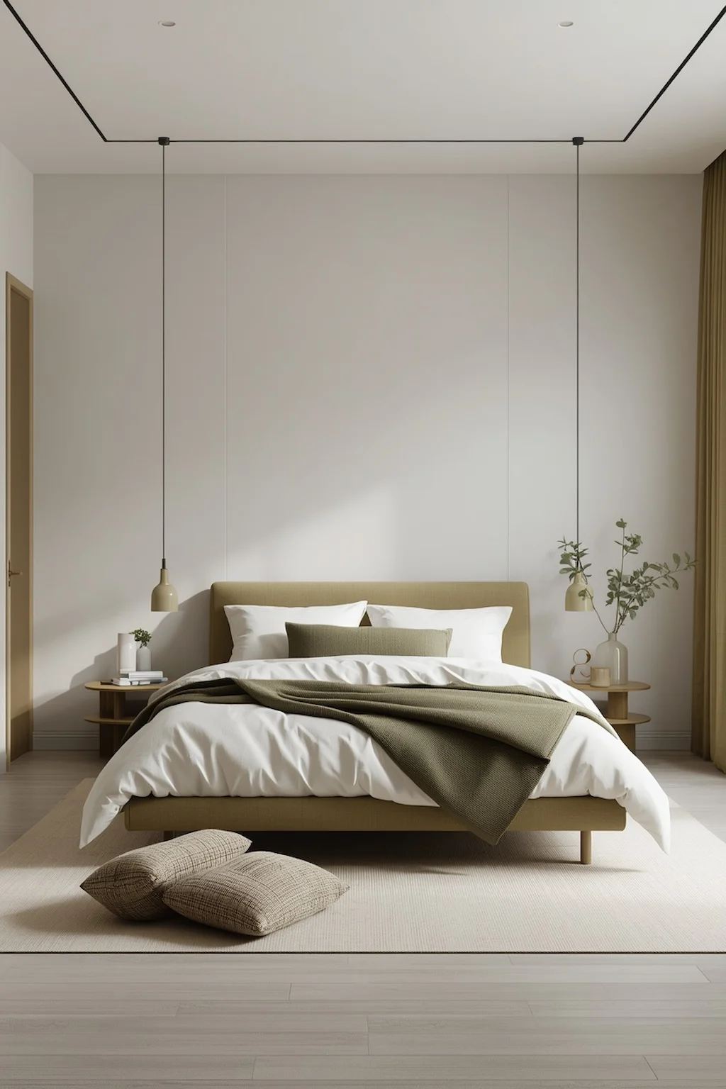 Minimalist bedroom with olive green tones and simple design