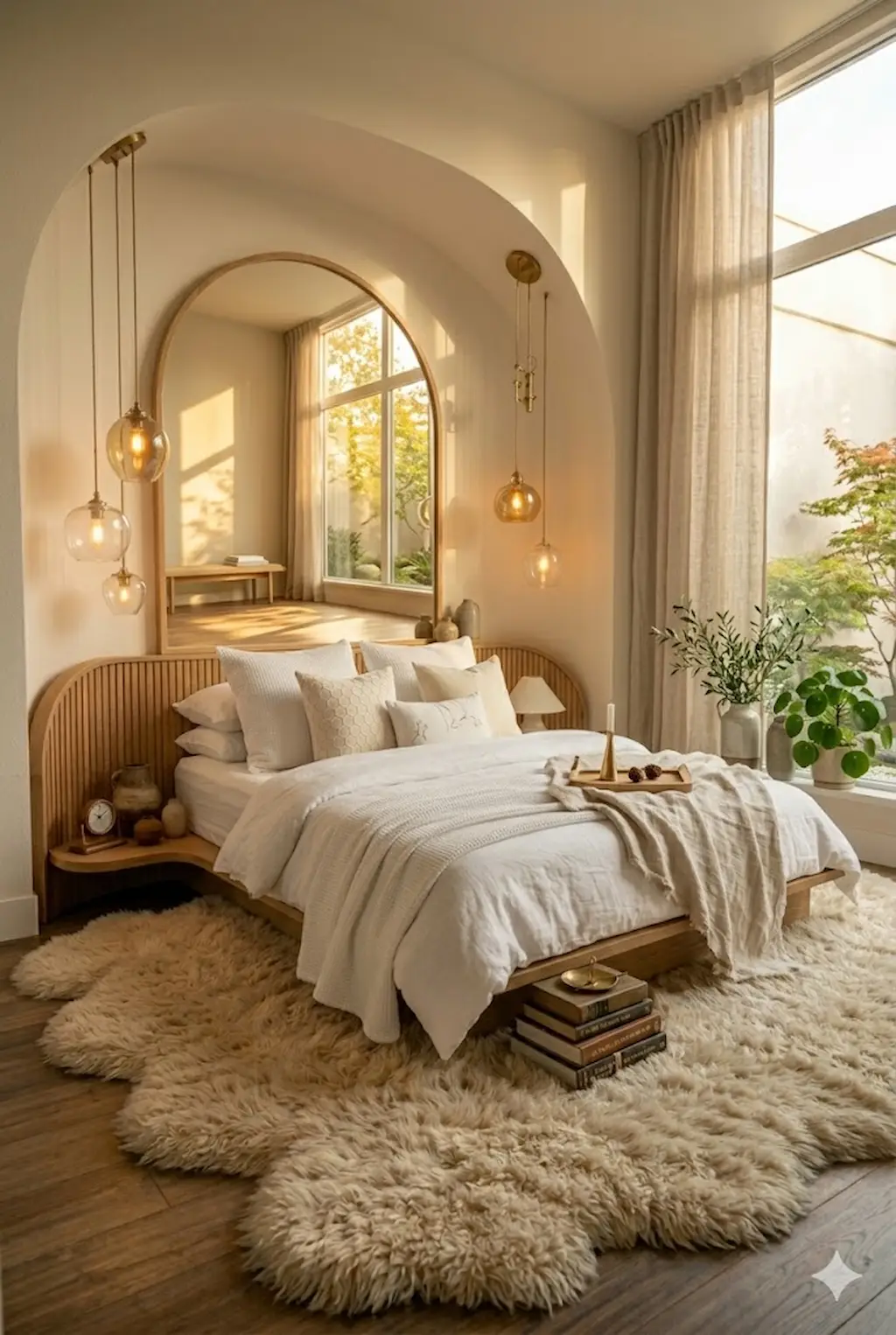 Small cozy bedroom with arched mirror and soft natural lighting