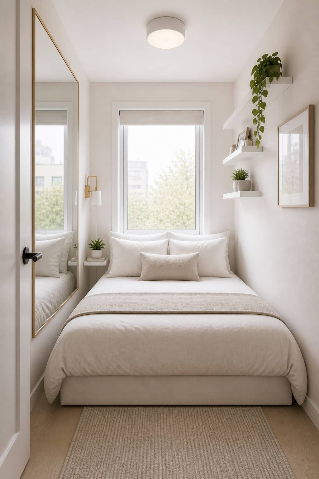 Small bedroom with mirror to create space illusion