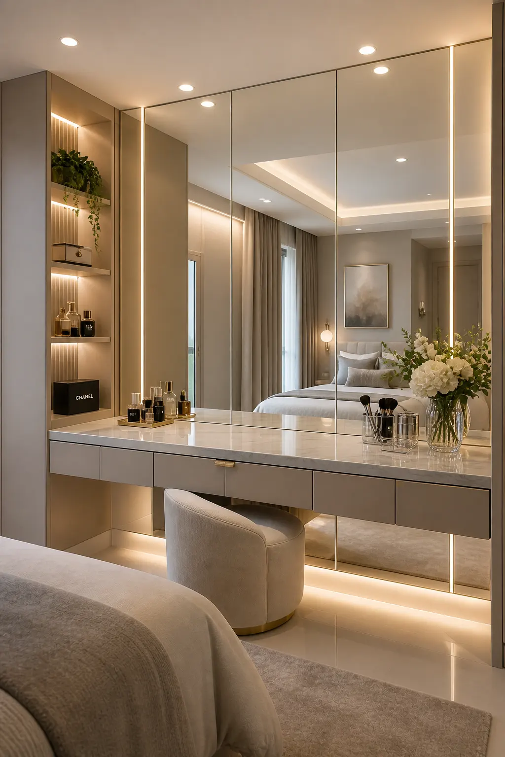 Vanity with large mirror wall in bedroom