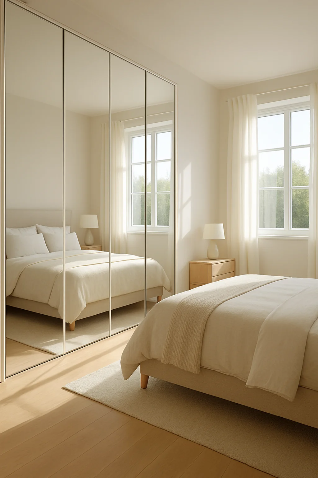 Small bedroom with mirrored wardrobe doors reflecting light