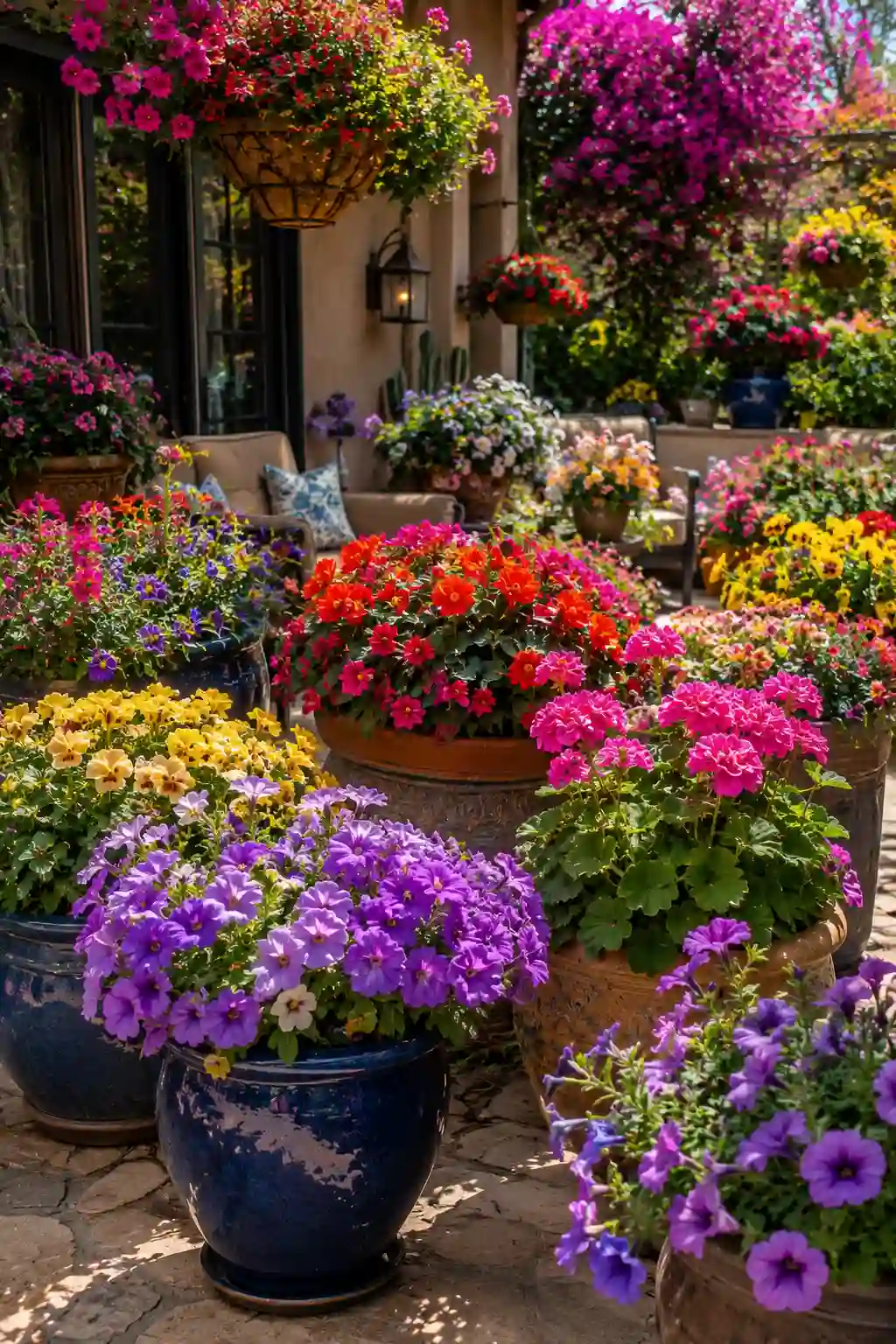 Colorful flower containers on backyard patio