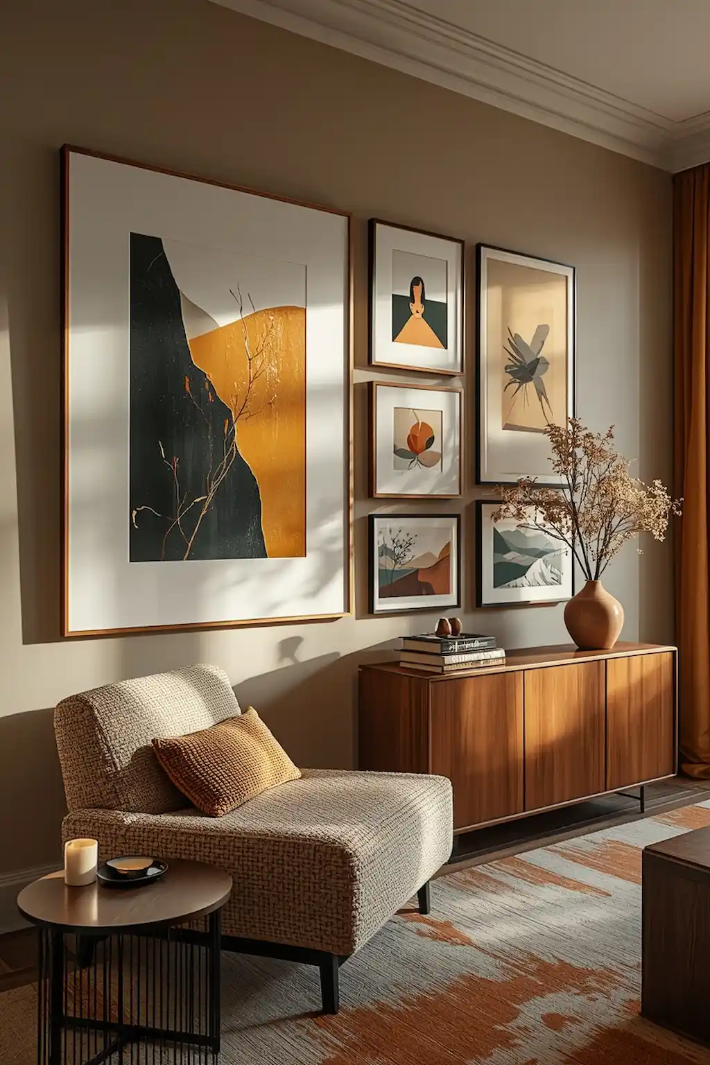 Stylish gallery wall with mixed frame sizes and cozy modern decor