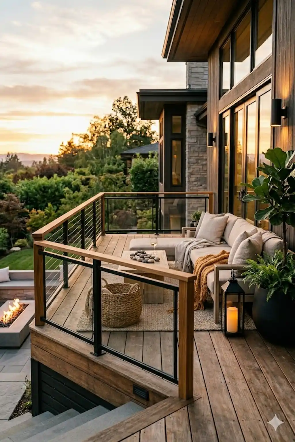 Stylish outdoor deck with mixed material railing design
