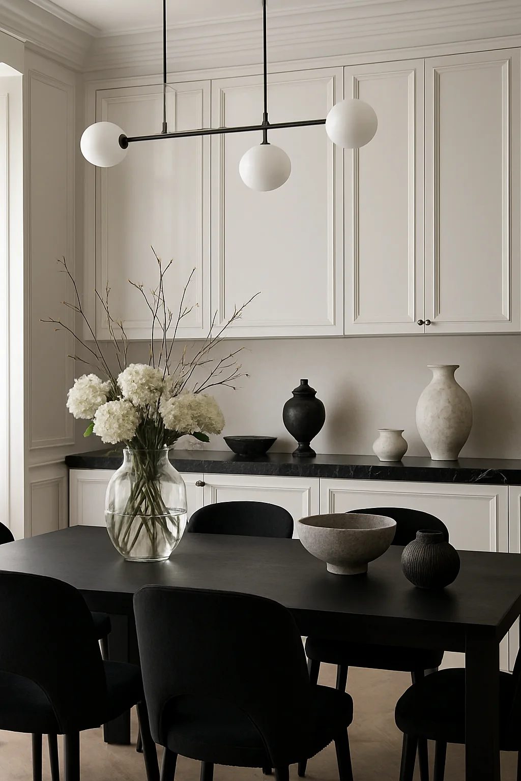 Dining room with matte black furniture and glossy white accents