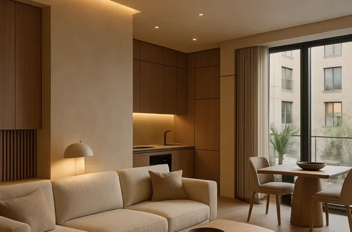 Modern apartment renovation with warm minimalist decor, natural textures, and smart home styling