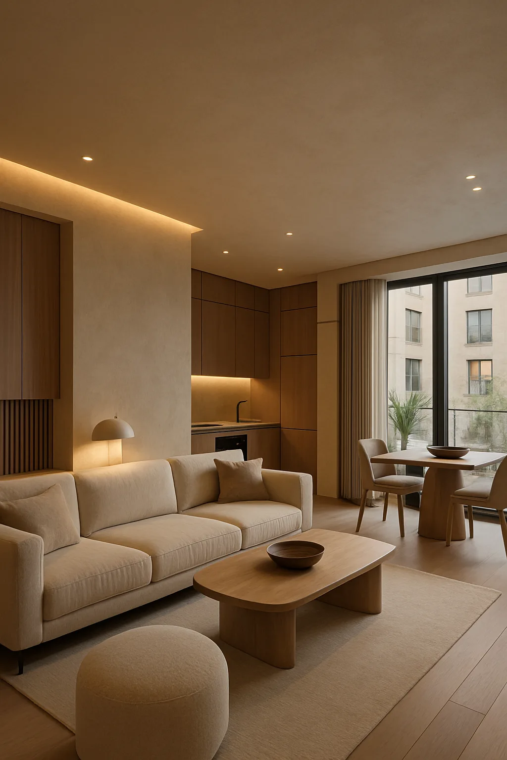 Modern apartment renovation with warm minimalist decor, natural textures, and smart home styling