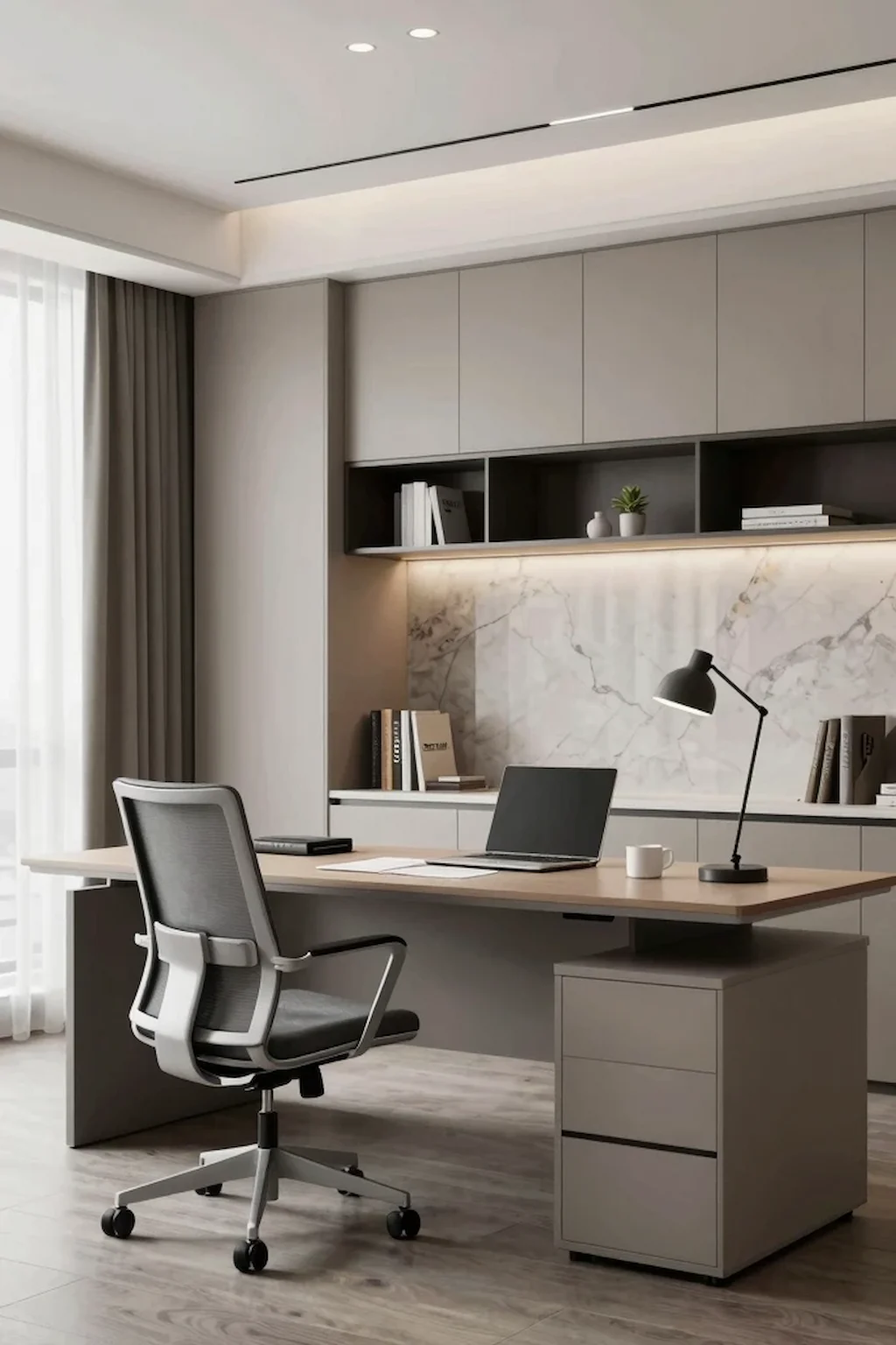 Sleek modern apartment workspace with clean lines, hidden storage, and ergonomic furniture