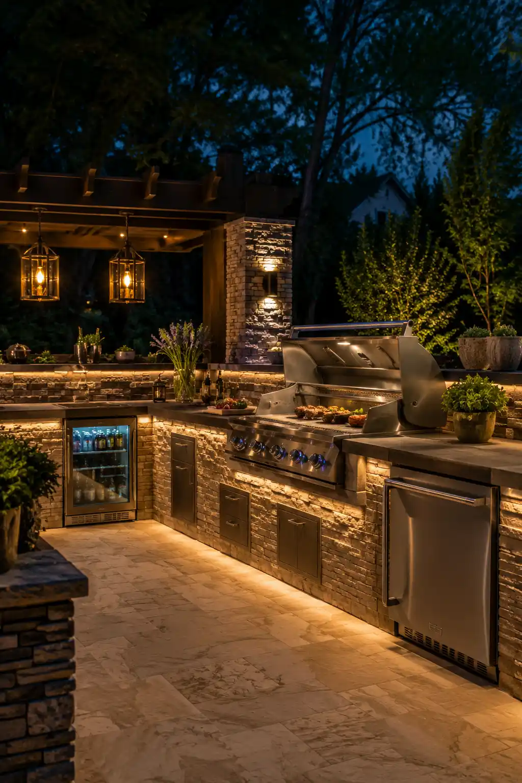 Outdoor grill station illuminated with stylish LED lighting