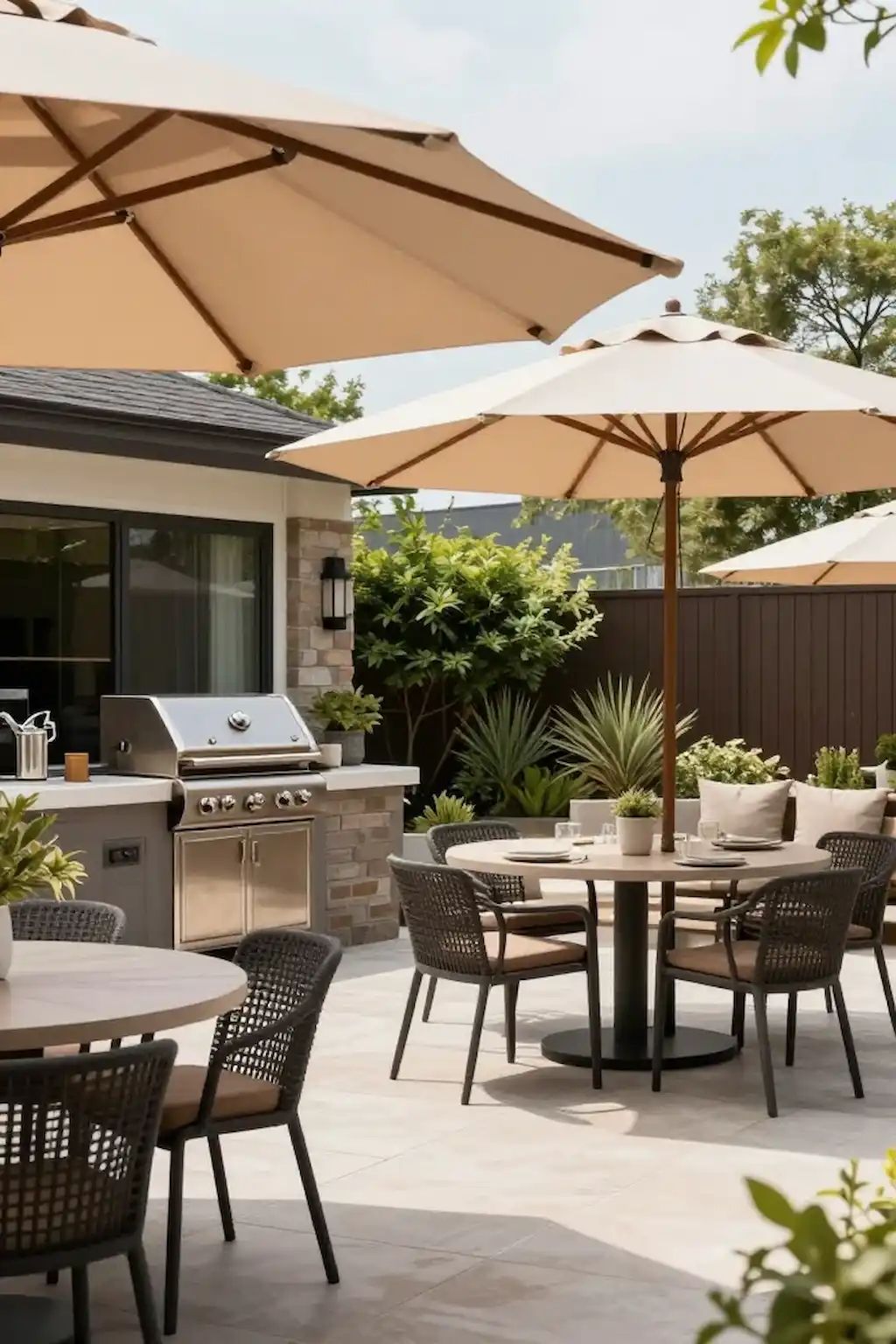Outdoor BBQ area featuring large patio umbrellas and comfortable seating
