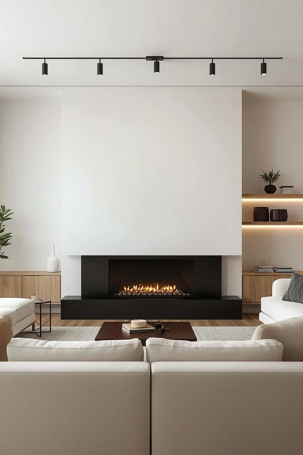 minimalist living room with sleek black fireplace and neutral decor