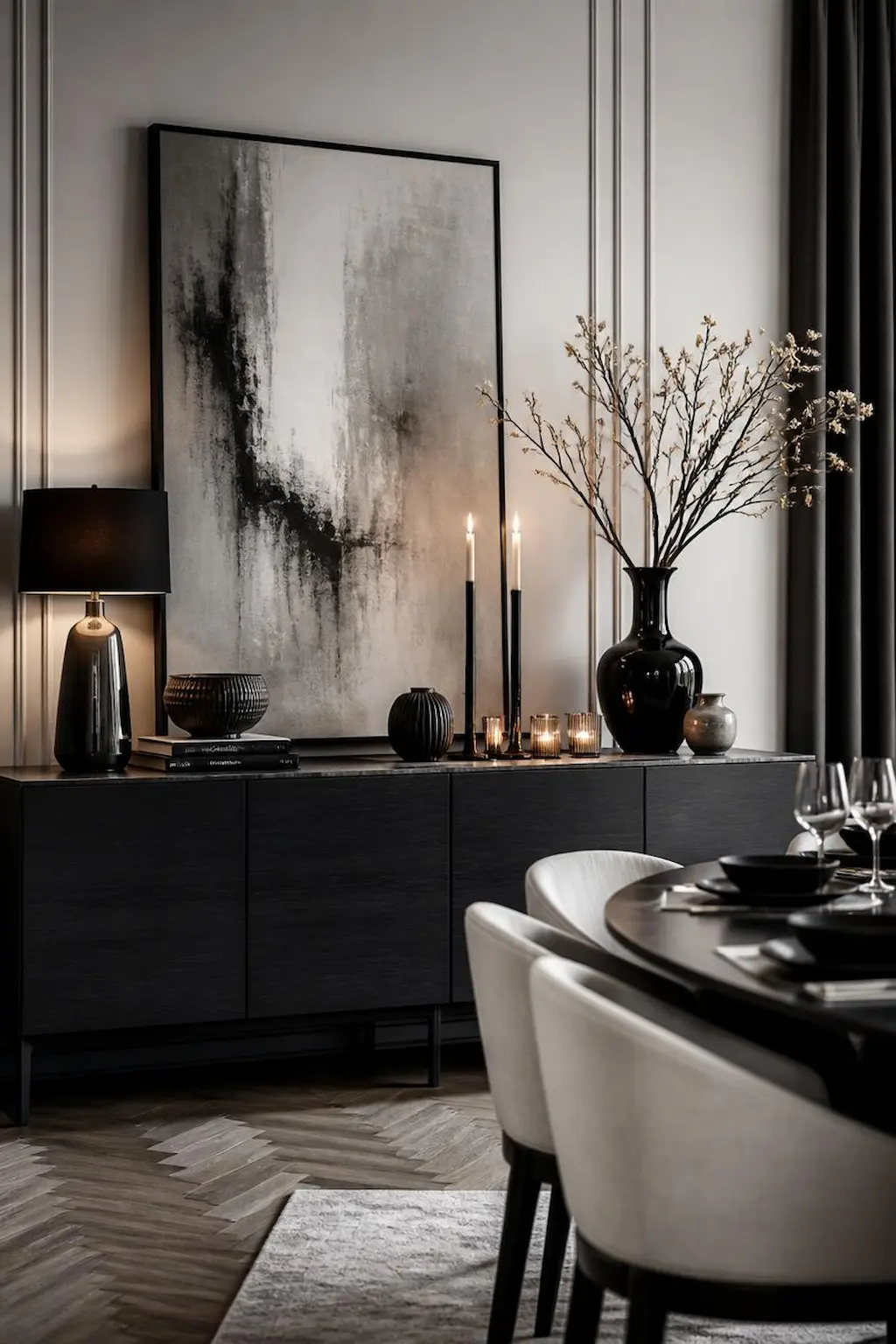 Dining room with sleek black sideboard and decorative accessories