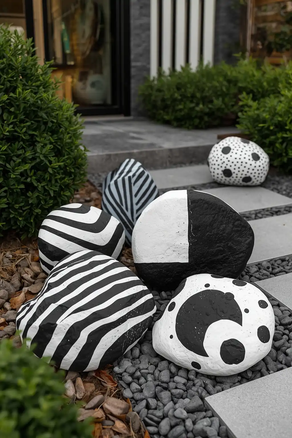 Contemporary black and white painted rocks featuring geometric designs