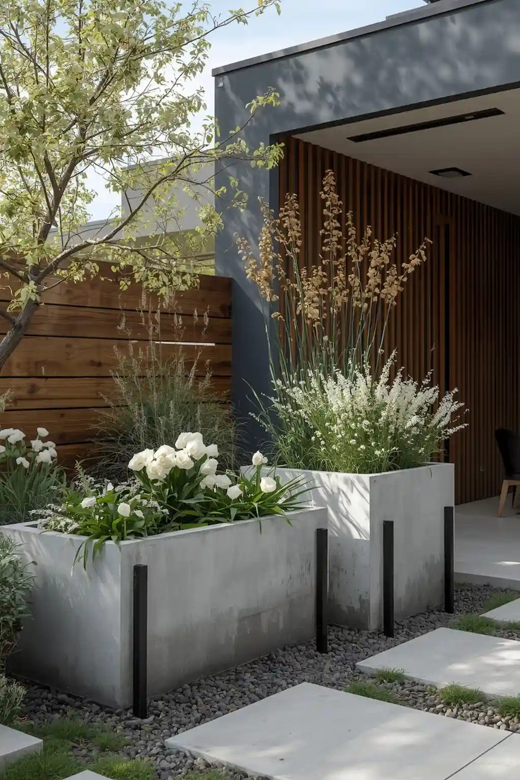 Modern concrete planter with fresh spring greenery and flowers