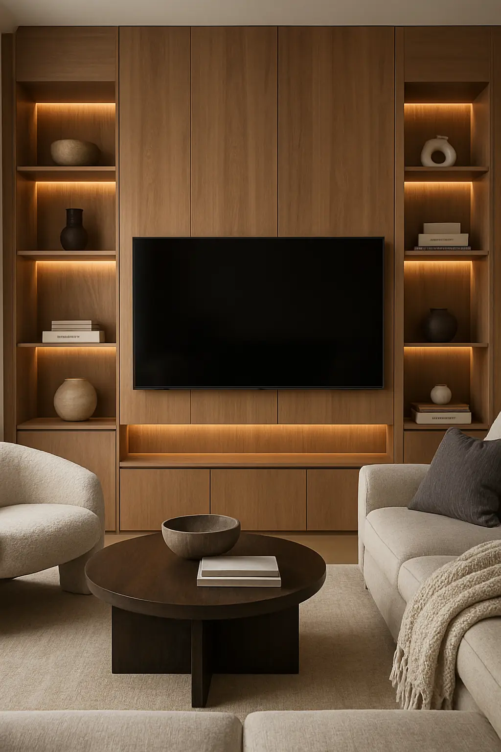 Modern TV feature wall with wood panels, shelving, and ambient lighting