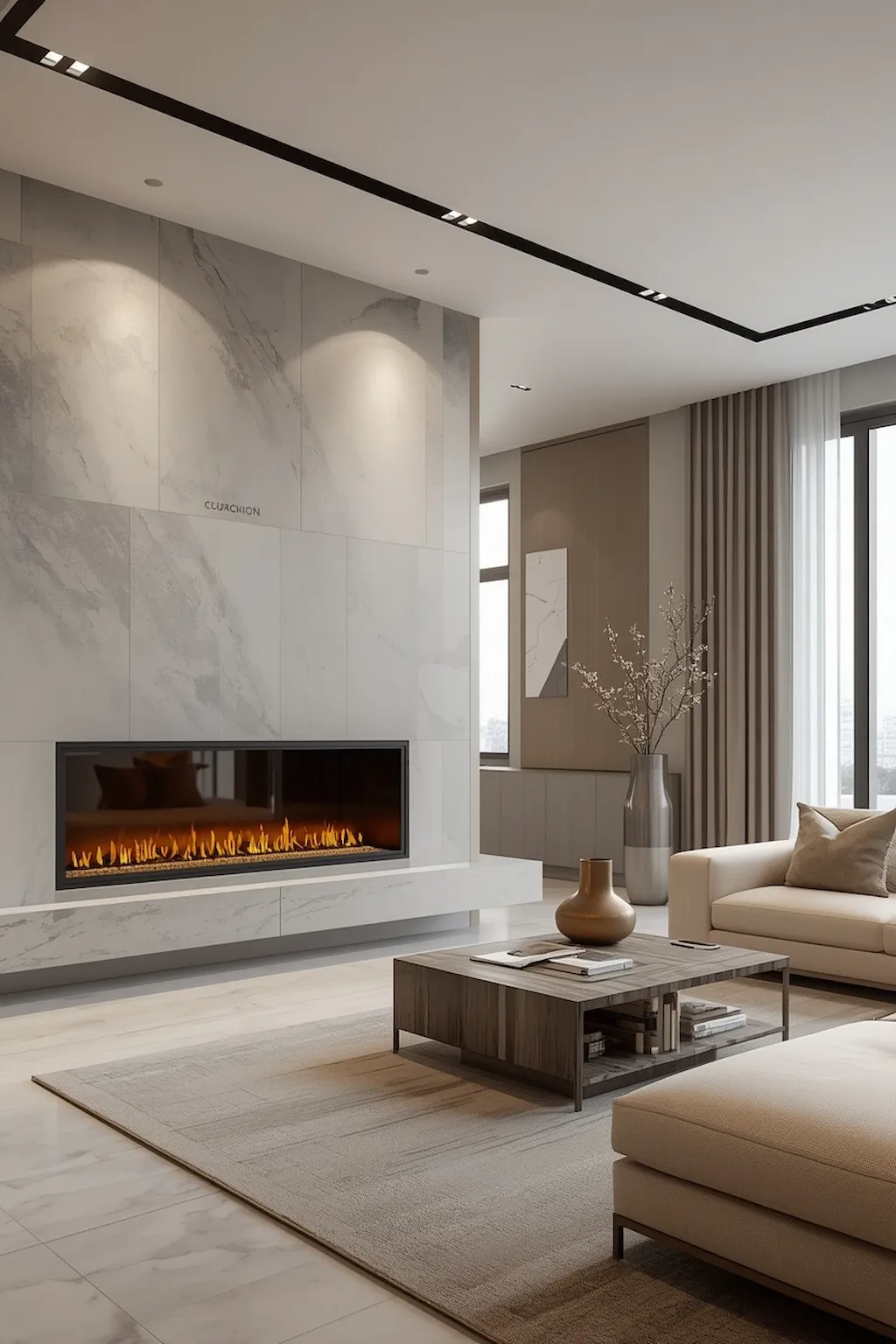 contemporary living room with sleek electric fireplace and modern decor