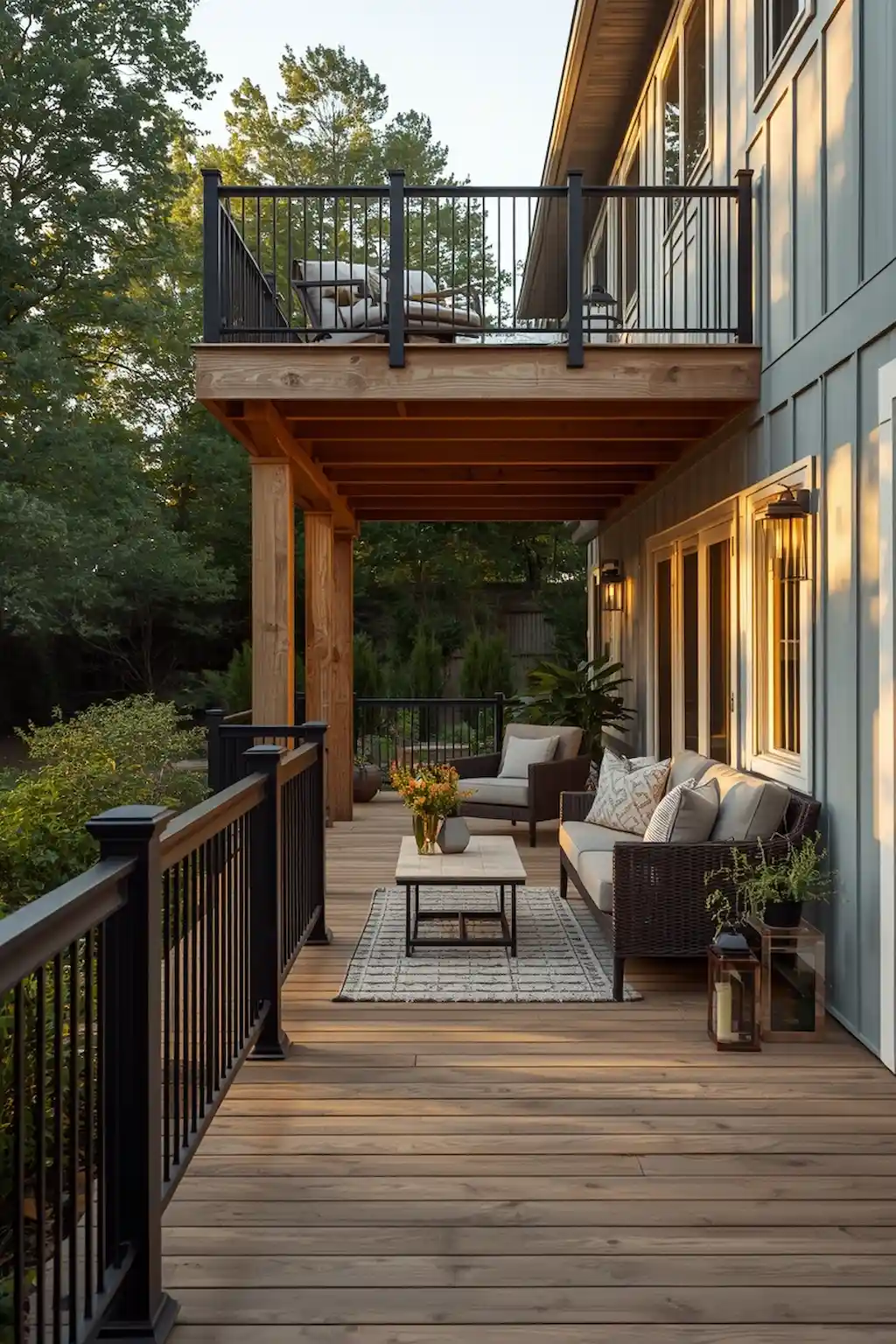 Modern farmhouse deck with black metal and wood railings