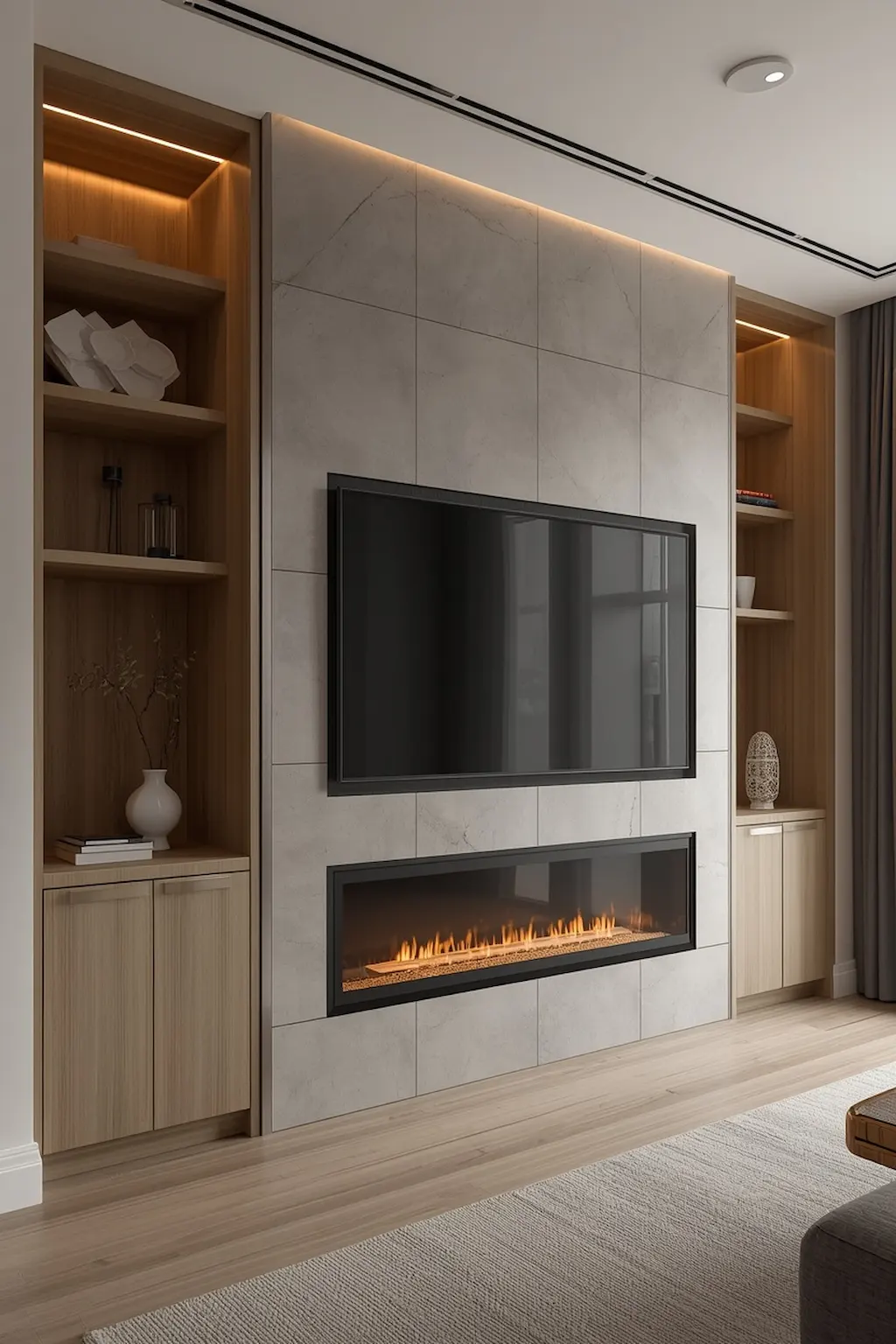Contemporary fireplace wall featuring concealed cabinets and integrated television