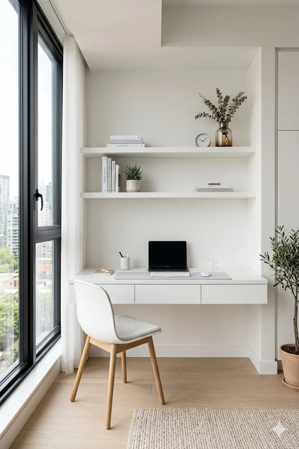 Space-saving floating desk mounted on the wall with minimalist decor and sleek apartment study setup