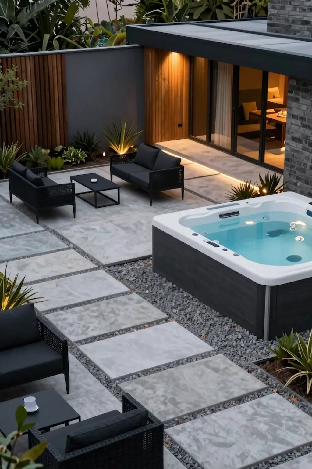 Modern backyard hot tub with gravel patio and large concrete pavers