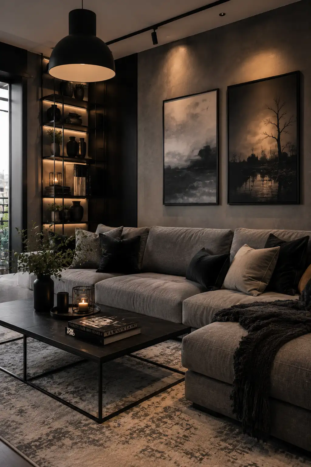 Grey sofa living room with matte black decor and modern industrial styling