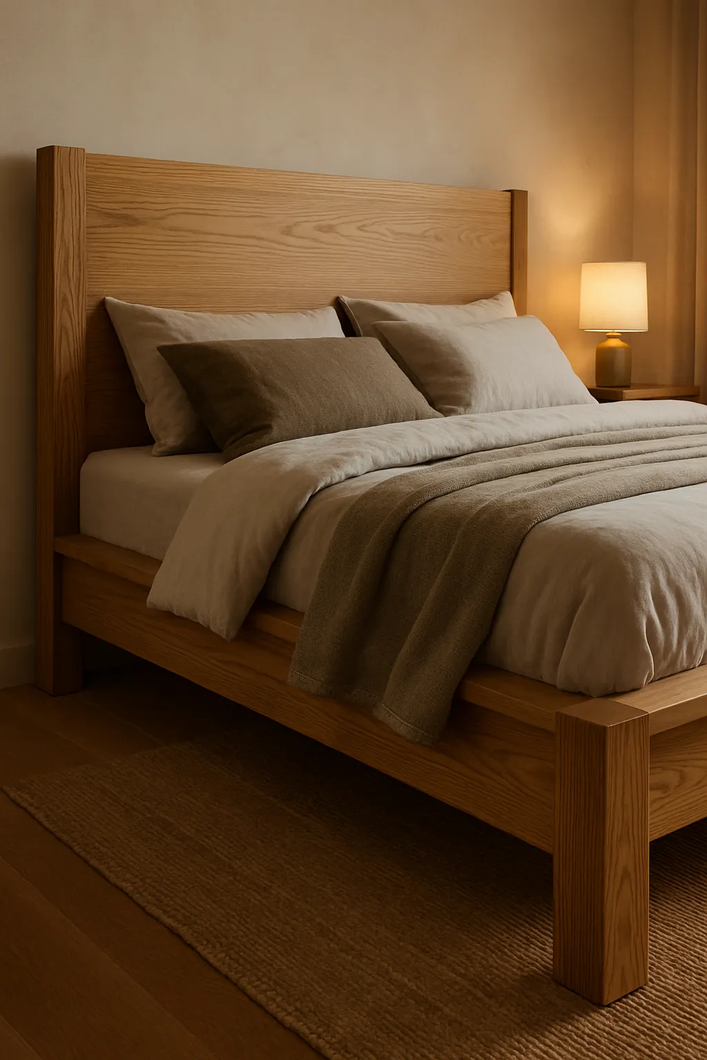 Modern handmade wooden bed frame with cozy minimalist bedroom decor