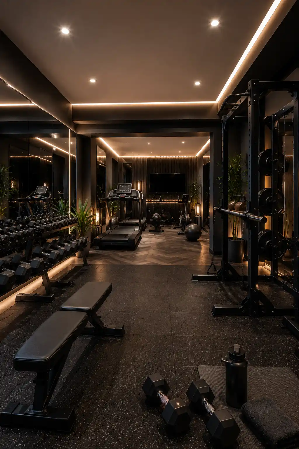 Stylish home gym with LED lighting and modern workout equipment