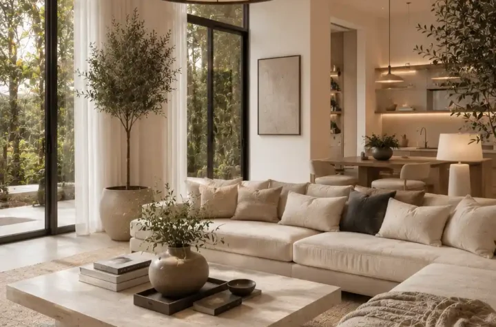Modern living room featured image with sleek neutral design and cozy elegance