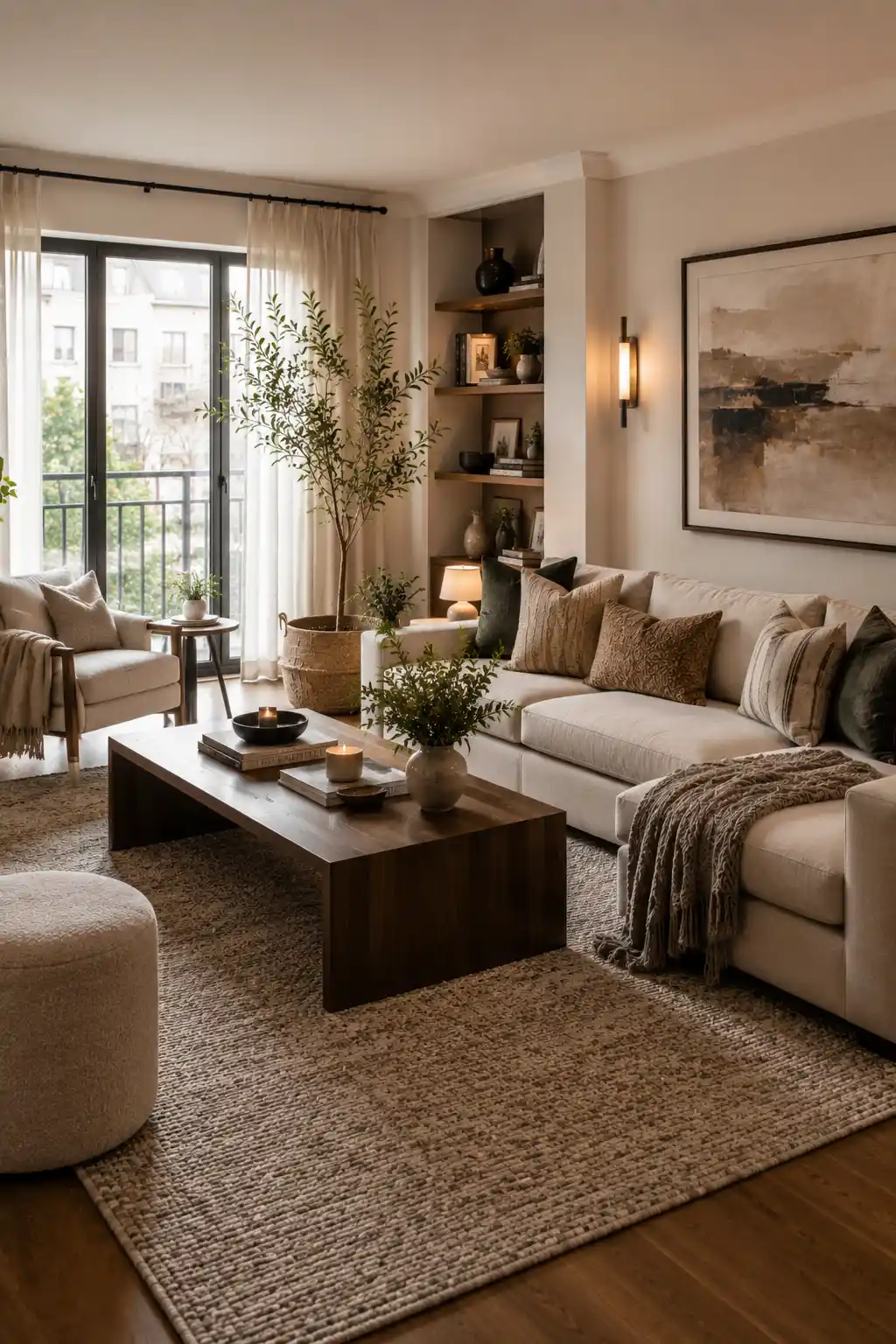 Cozy living room with large textured rug, modern sofa, layered decor and warm neutral interior stylin