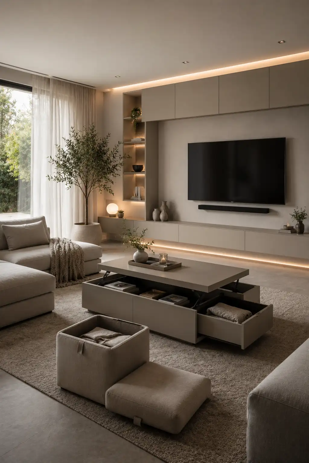 Modern living room with smart storage and clean design