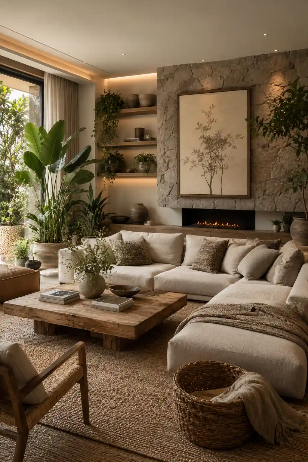 Modern living room with natural materials and indoor plants