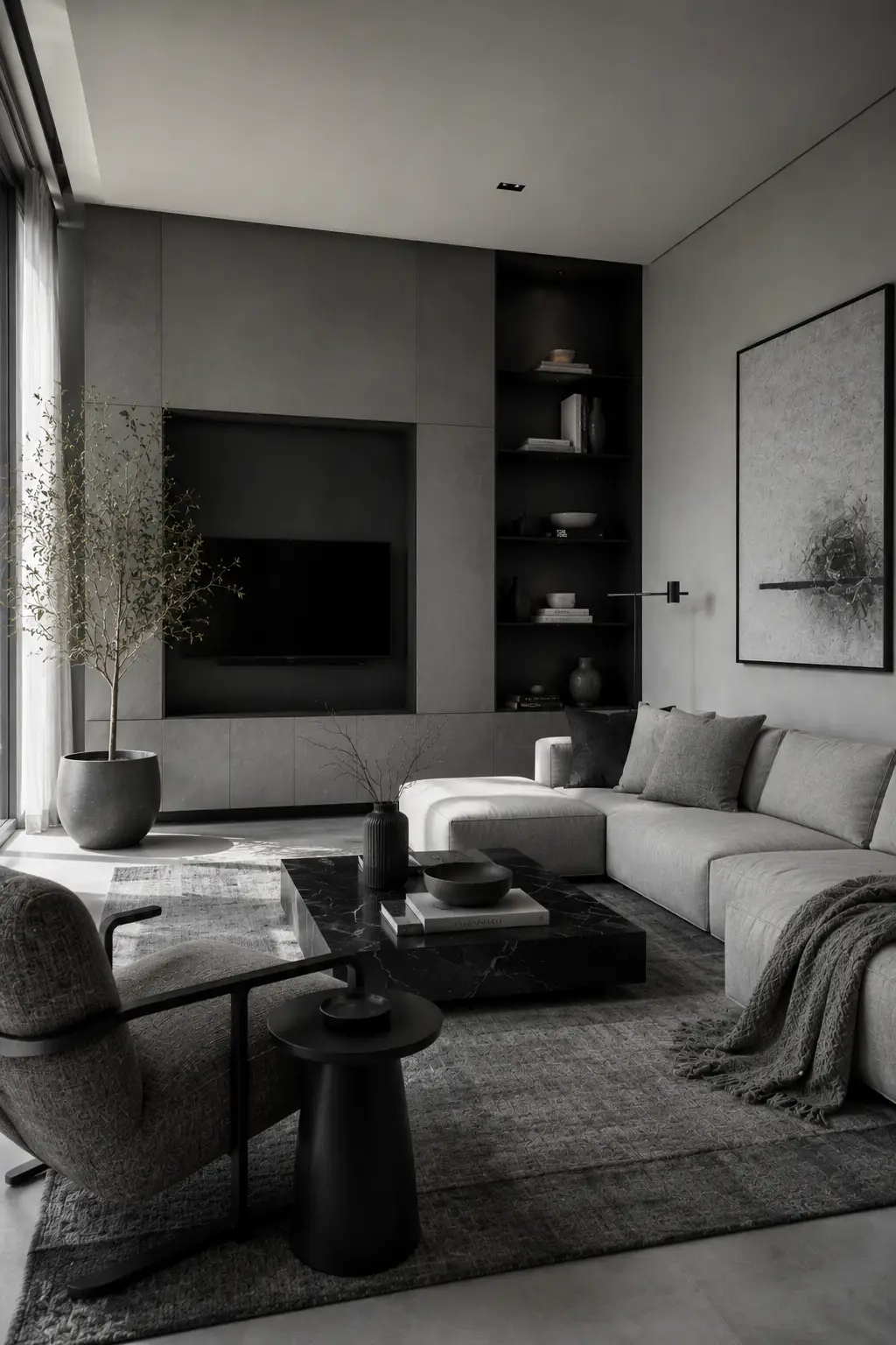 Monochrome modern living room with grey tones and clean styling