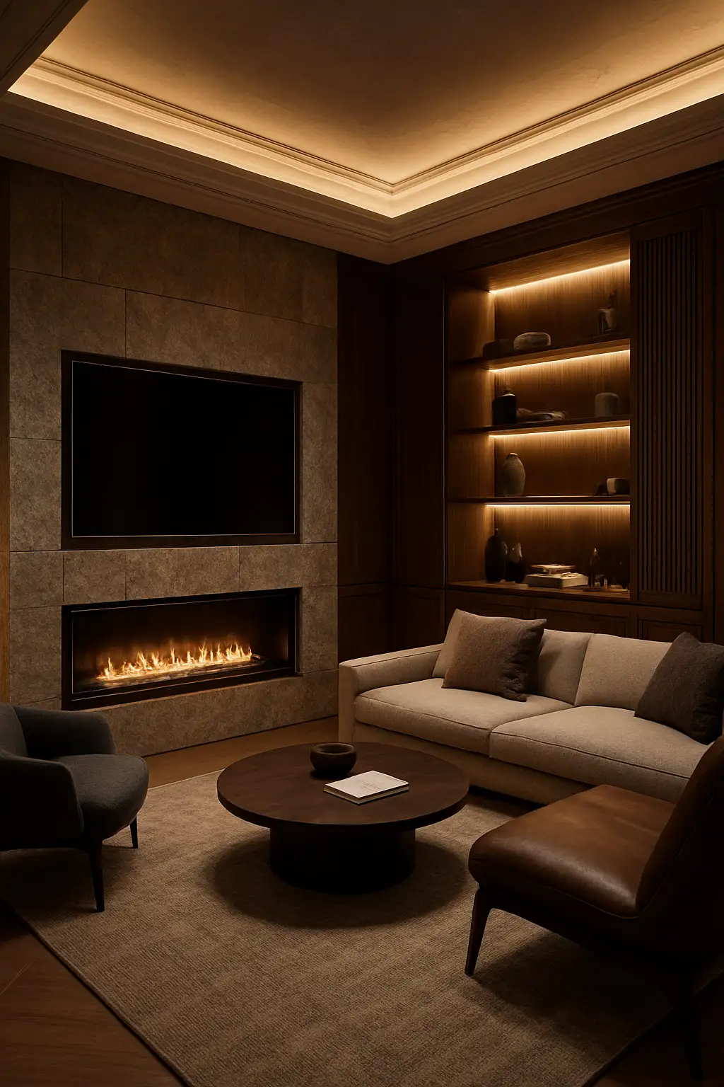 Luxury electric fireplace wall with stone, wood, lighting, and mounted television
