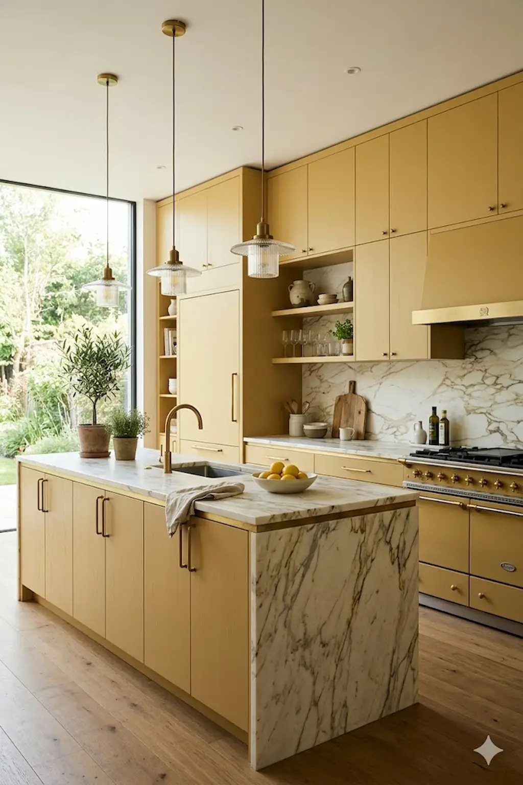 Luxury kitchen with sophisticated yellow cabinets, stone countertops, and designer lighting