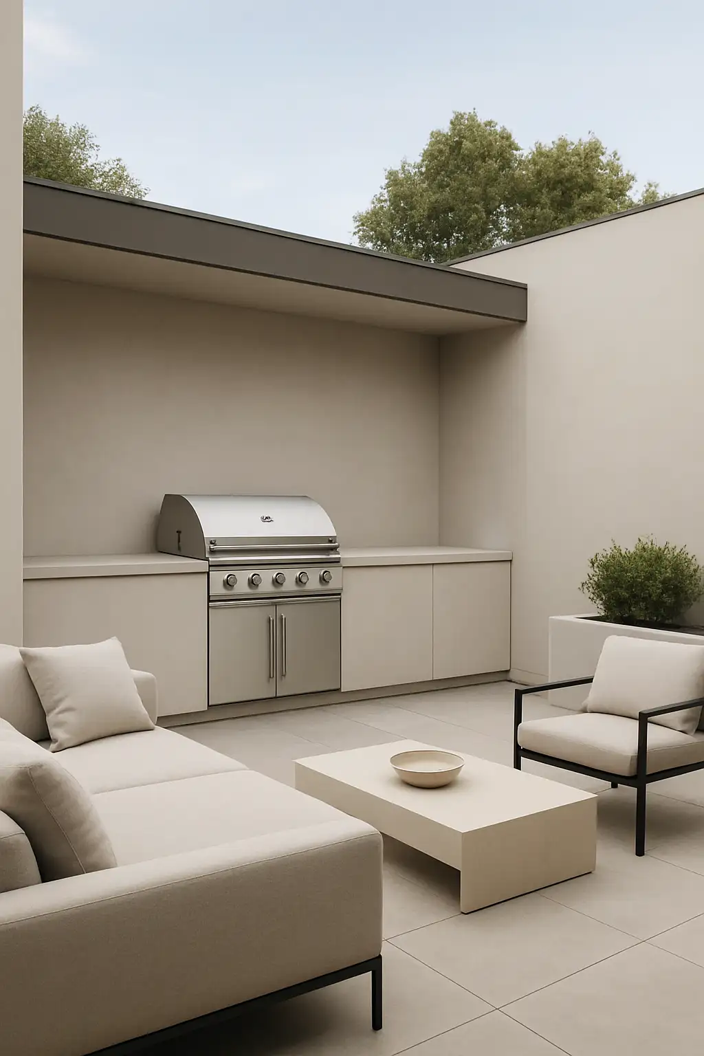 Sleek outdoor BBQ area with clean lines, neutral colors, and modern furniture