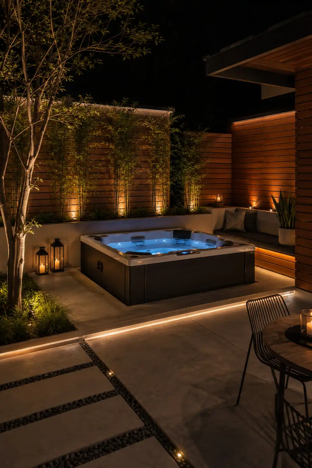 Minimal modern backyard with sleek hot tub and black accents