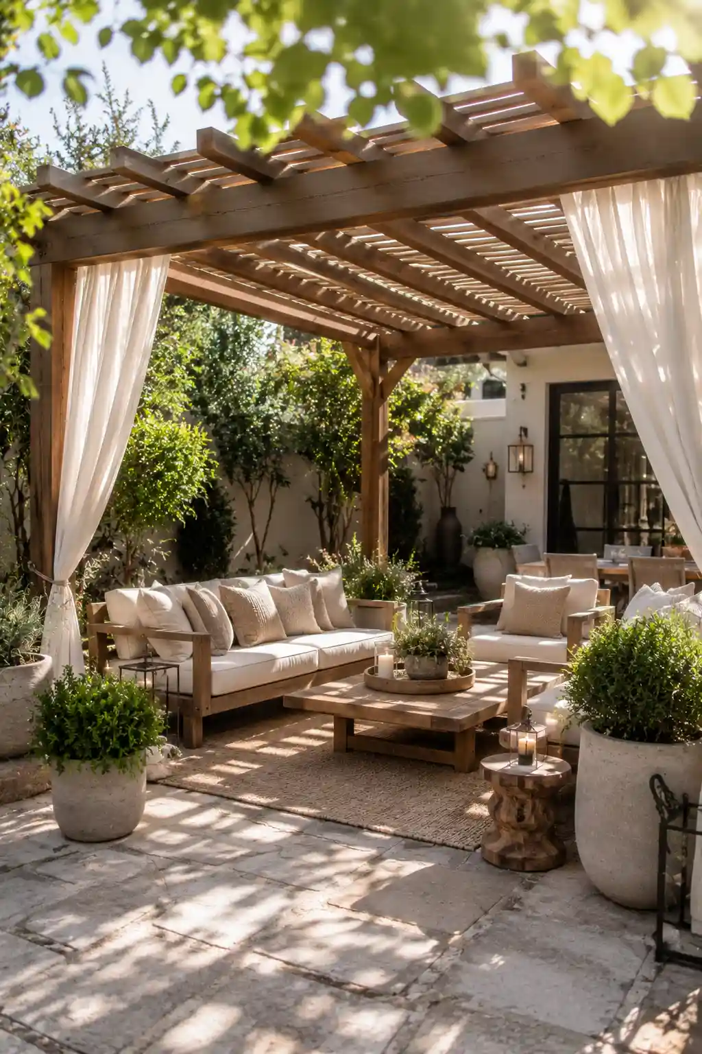 Stylish pergola patio with modern outdoor furniture