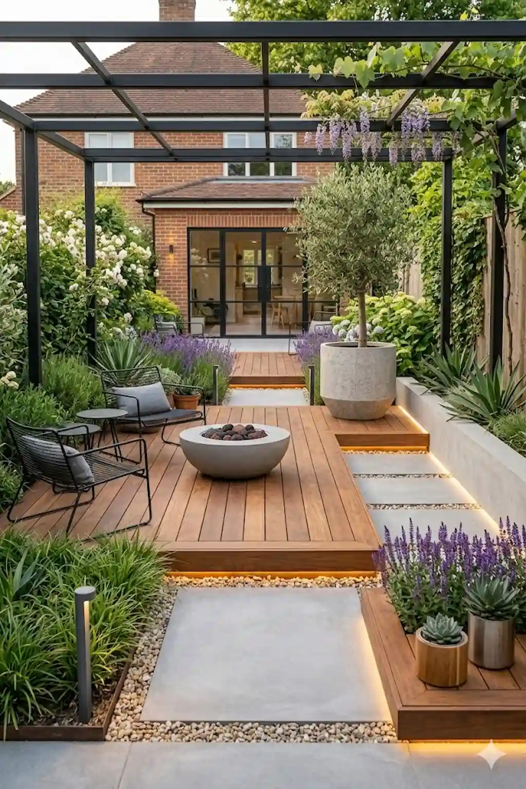 Modern backyard featuring raised wooden platform flooring and lounge areas