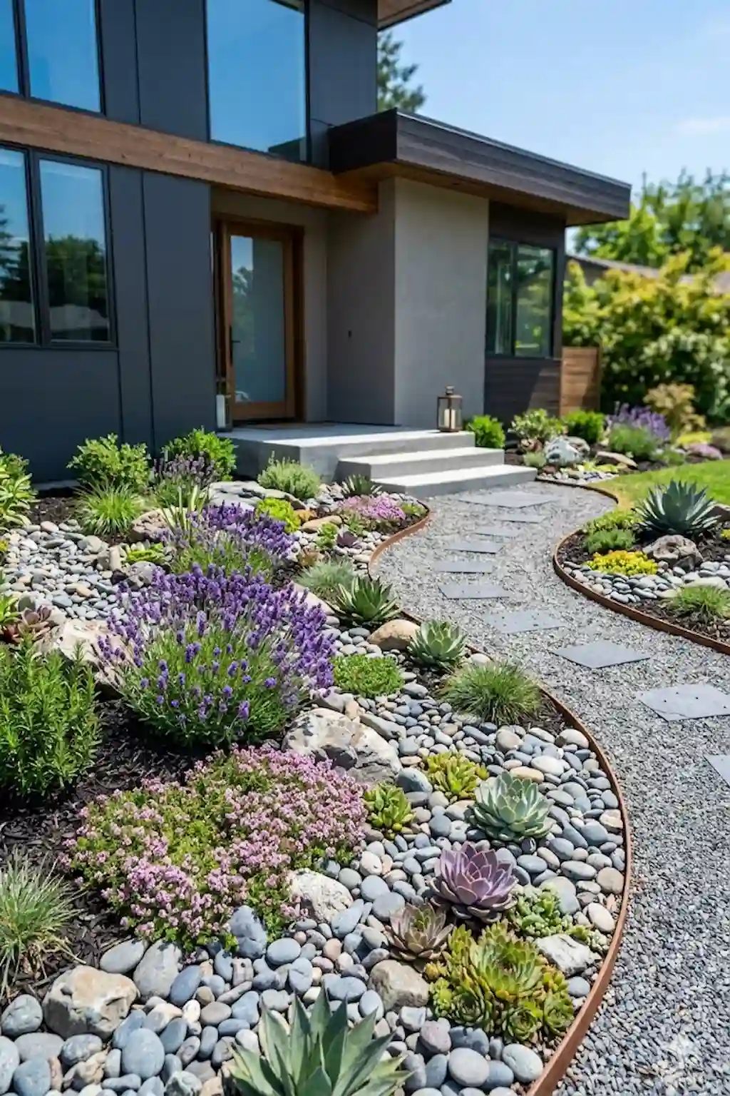 Modern rock garden flower bed with succulents and decorative stones