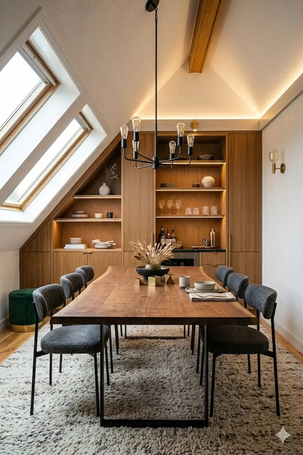 Modern rustic dining room featuring a sleek wood table, upholstered chairs, and black metal accents