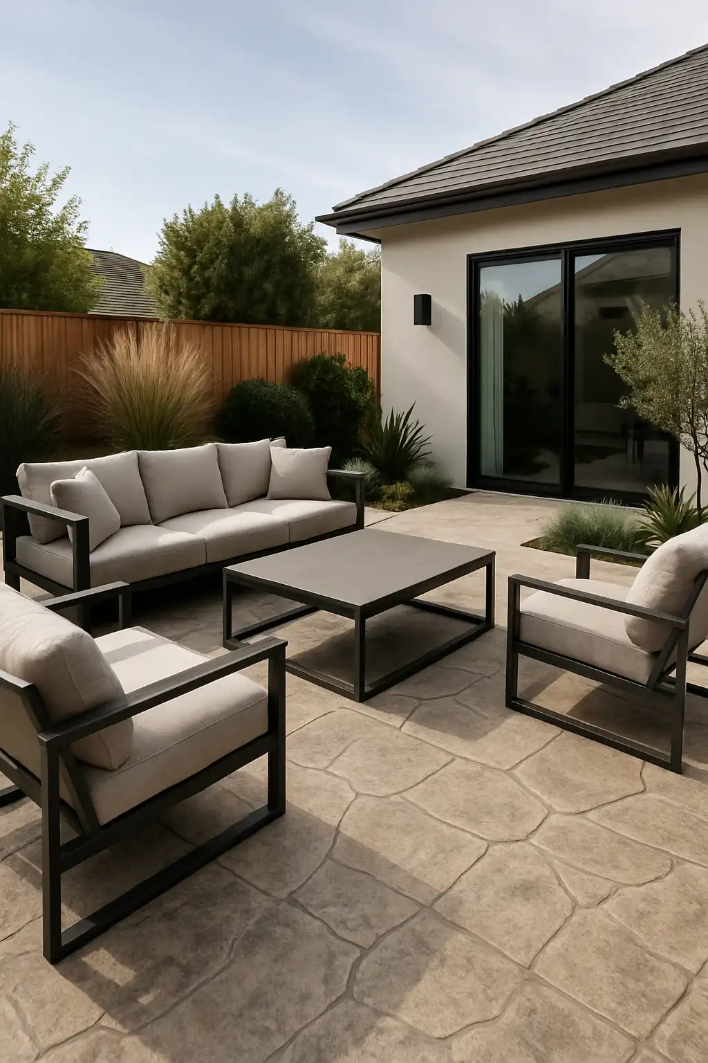 Contemporary stamped concrete patio designed to resemble natural stone flooring