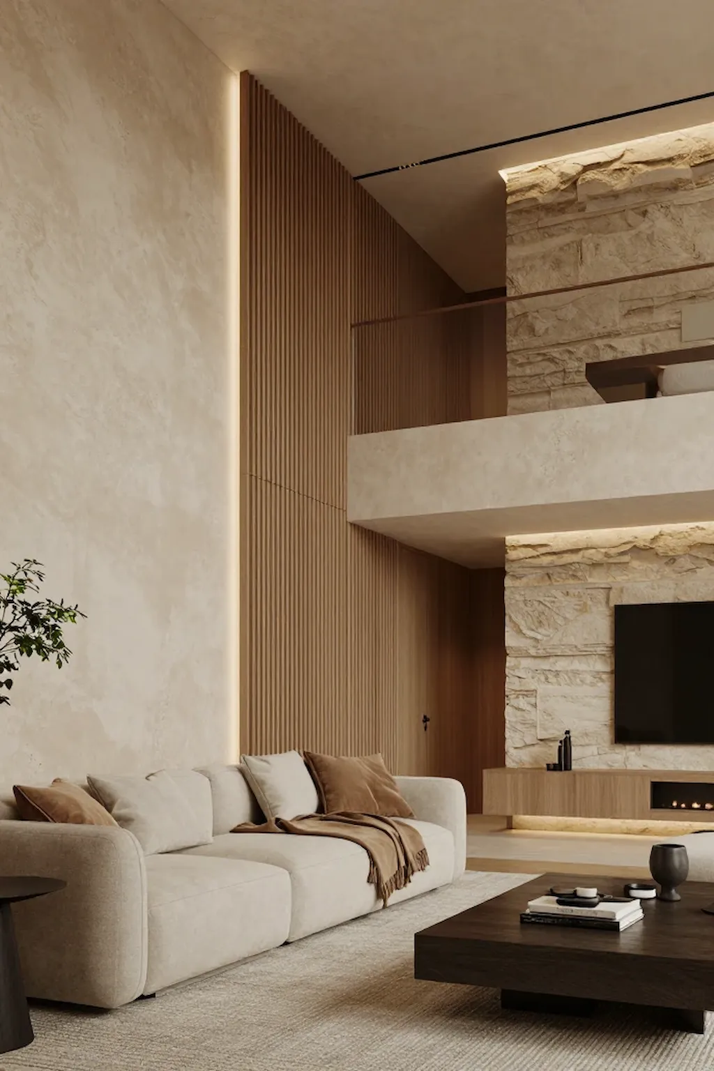 Modern apartment with textured walls and luxurious minimalist styling