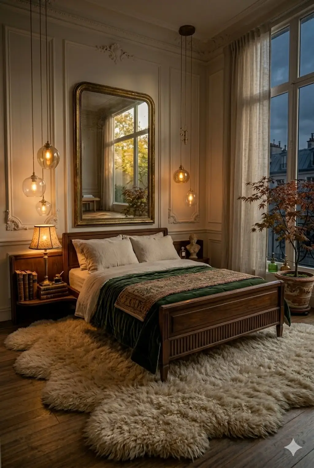 Cozy vintage modern bedroom with antique decor and warm lighting