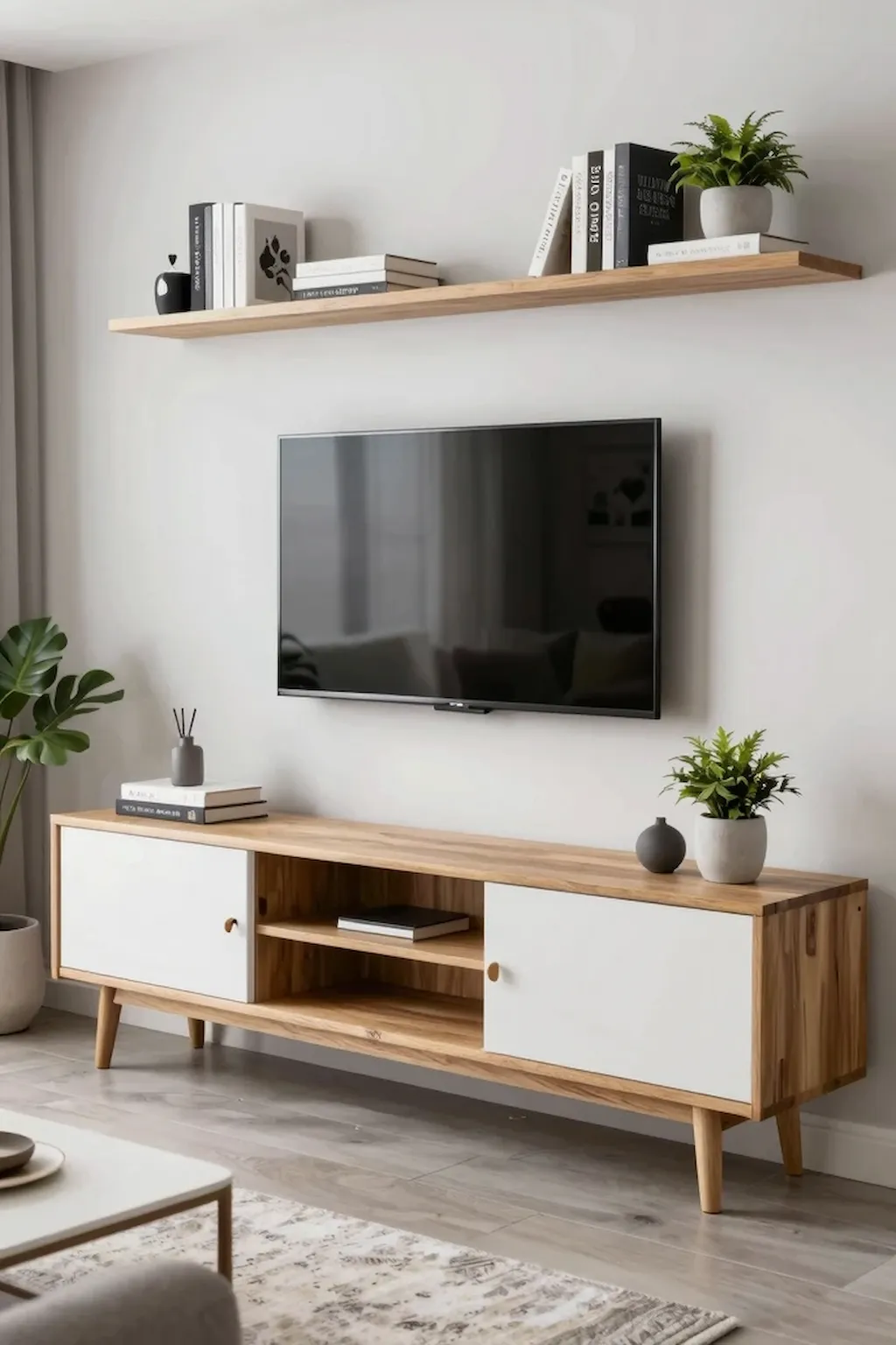 White and wood TV cabinet with modern styling and decorative shelving