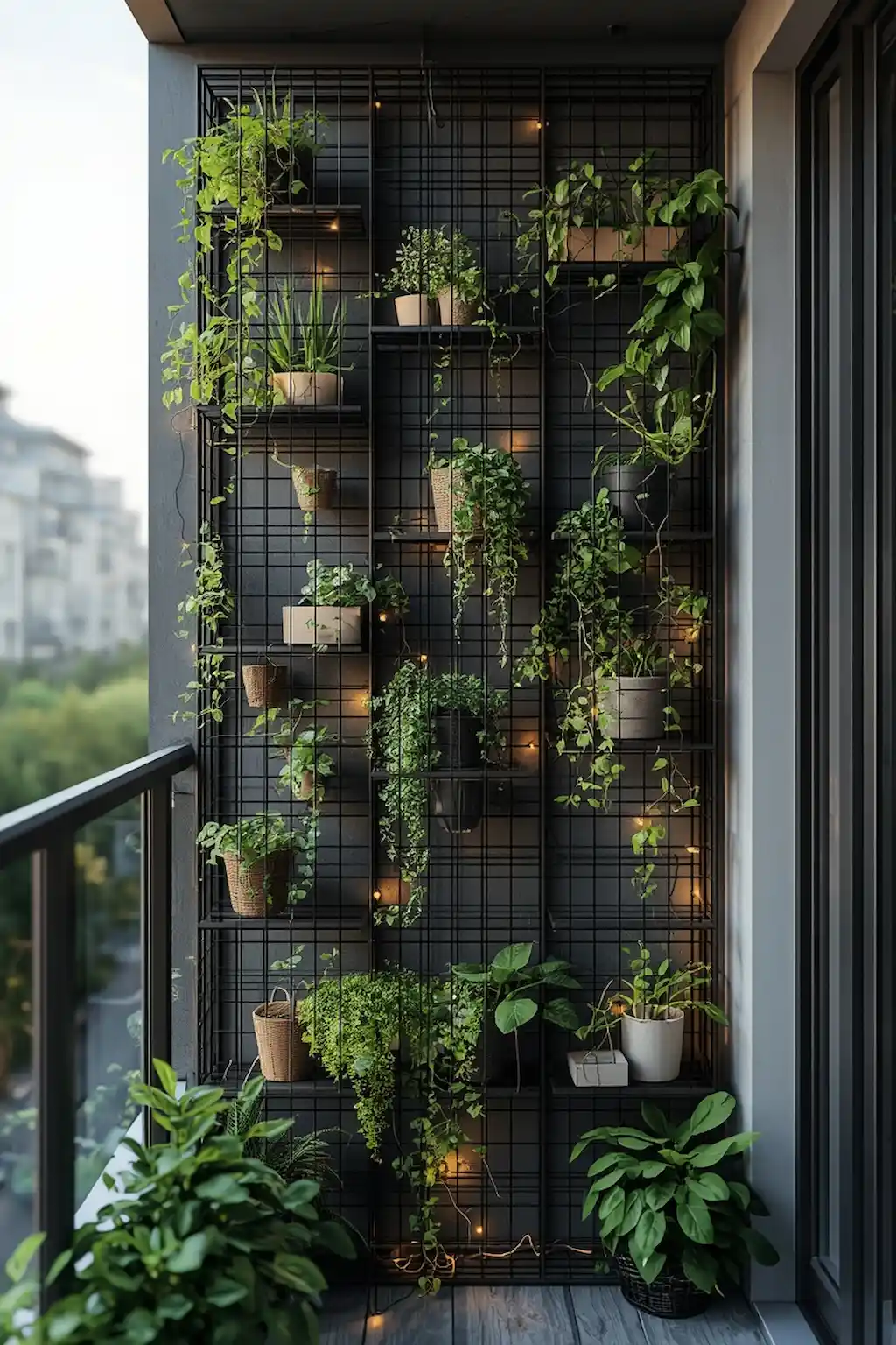 Modern wire grid wall decorated with hanging plants and lights