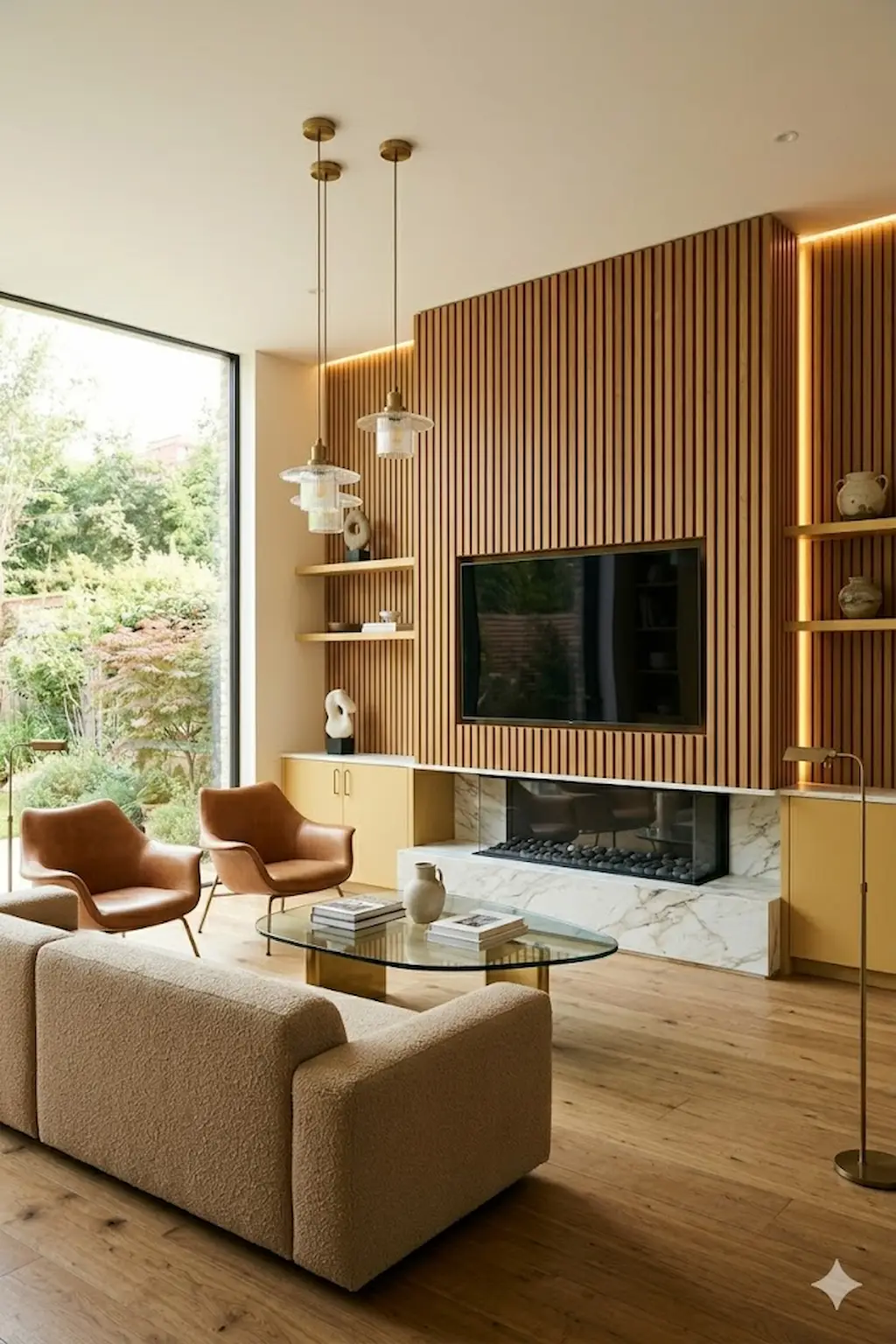 Modern fireplace TV wall with vertical wood slats and warm contemporary styling